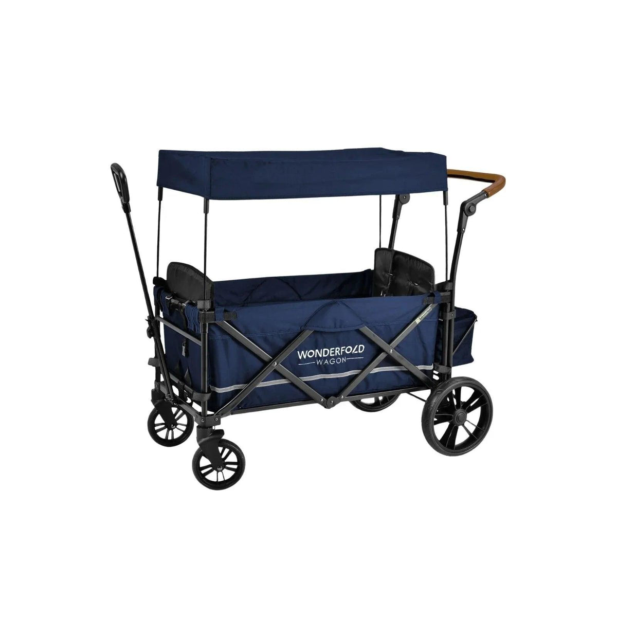 Sapphire navy quad stroller wagon in side view with canopy and safety seats