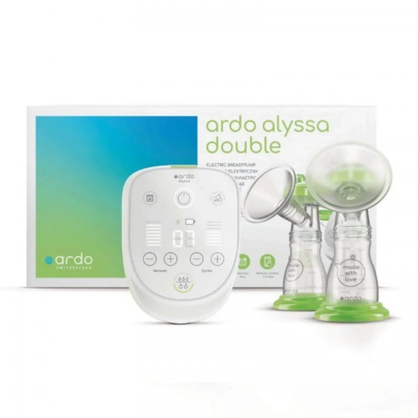 Ardo Alyssa double rechargeable electric breast pump with two clear flanges and bottles
