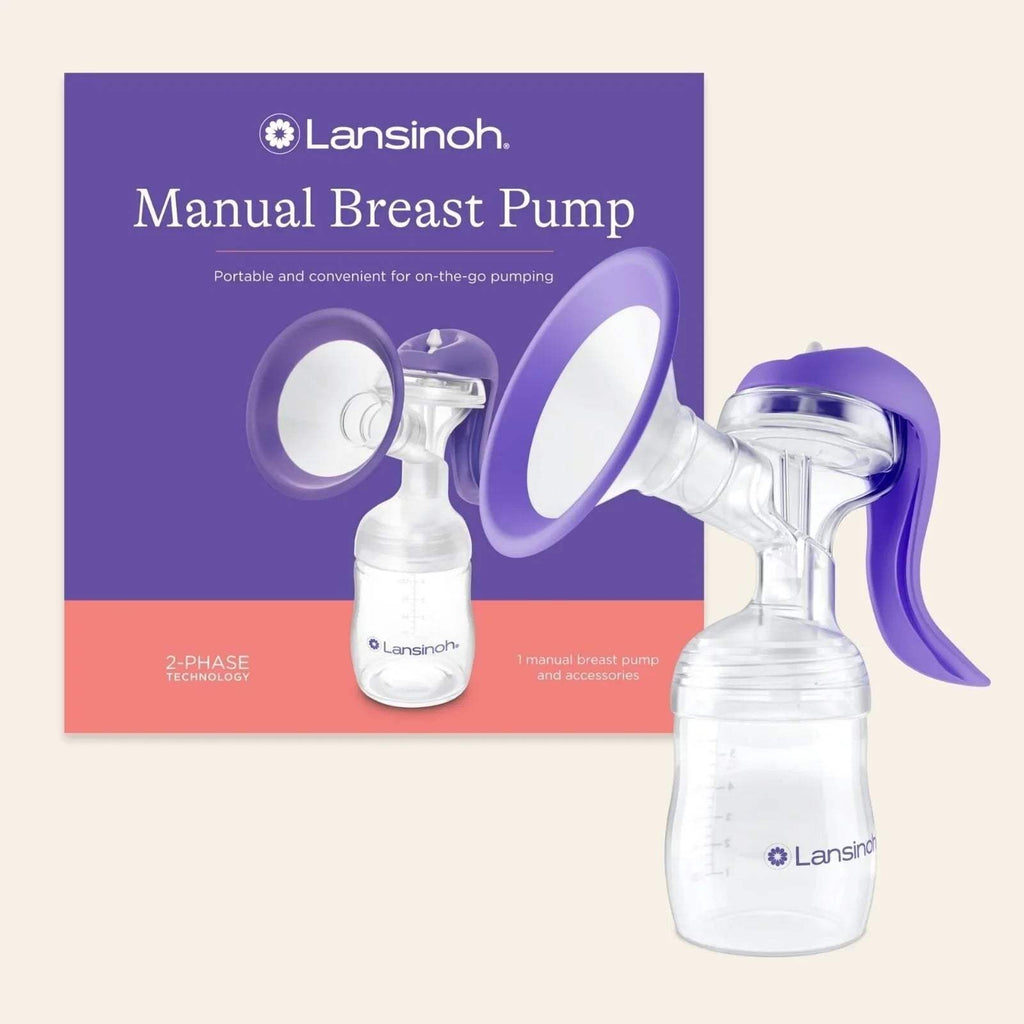 Lansinoh manual breast pump with purple handle and clear bottle for pumping