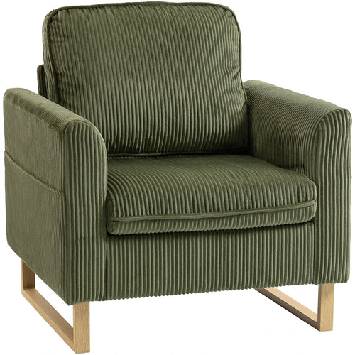 Green corduroy accent armchair with rounded arms, cushioned seat, and light wood legs