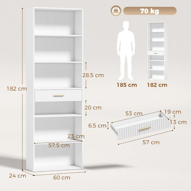 White narrow tall bookshelf layout with open cubbies and a front drawer