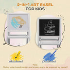 Two-sided white easel: chalkboard side with dark writing surface and tray