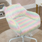 3/4 view of rainbow fluffy unicorn-themed office chair with armrests and swivel base