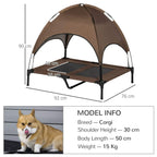 Brown waterproof elevated pet cot with canopy, raised frame, and mesh cutout sides