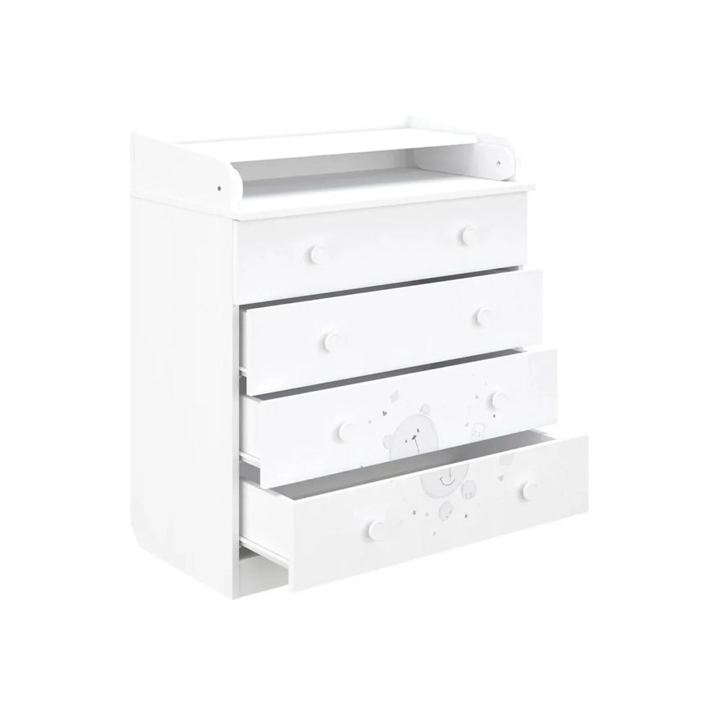 White teddy changing dresser showing open drawer storage area under the changing top