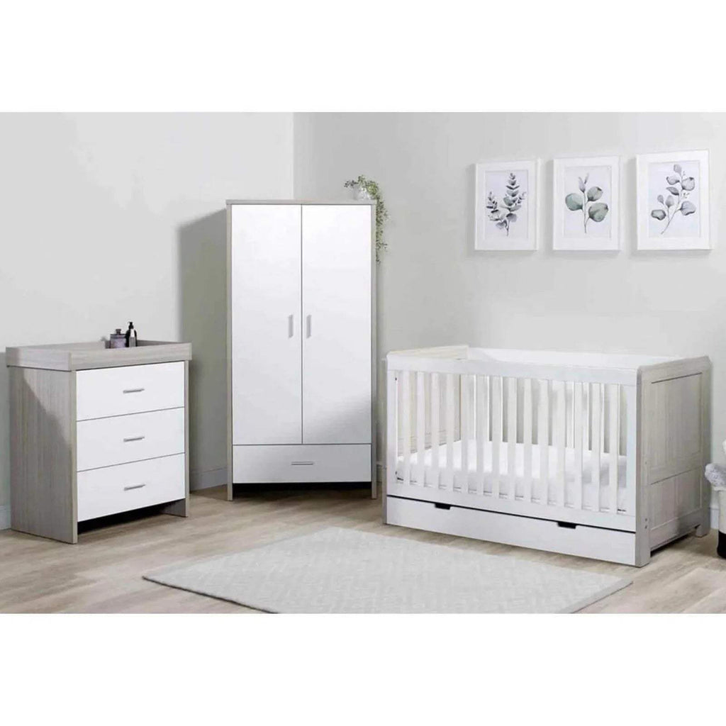 Kids furniture set: white crib with ash grey ends, matching wardrobe and dresser