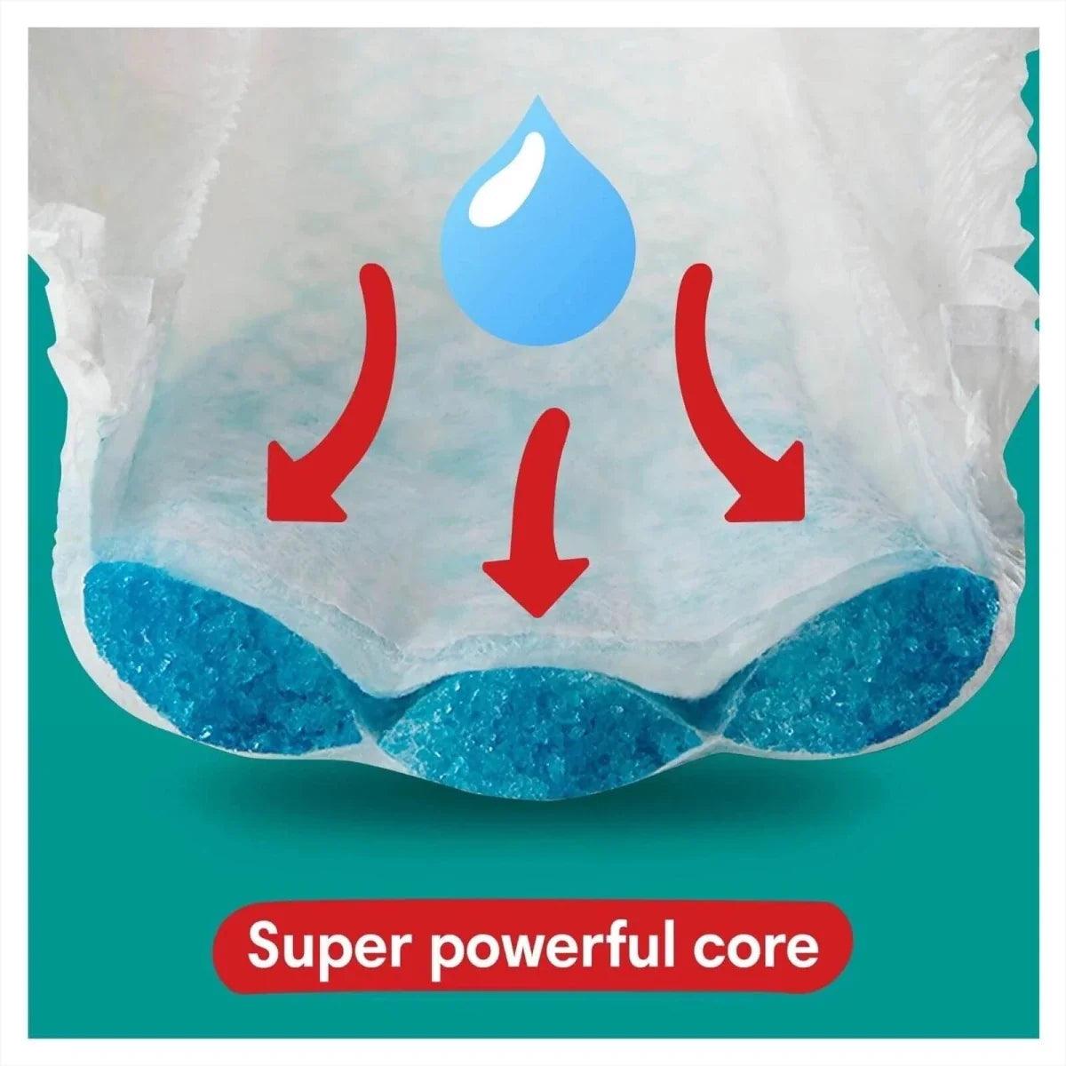 Baby-Dry pants diaper with super absorbent core, blue moisture arrows