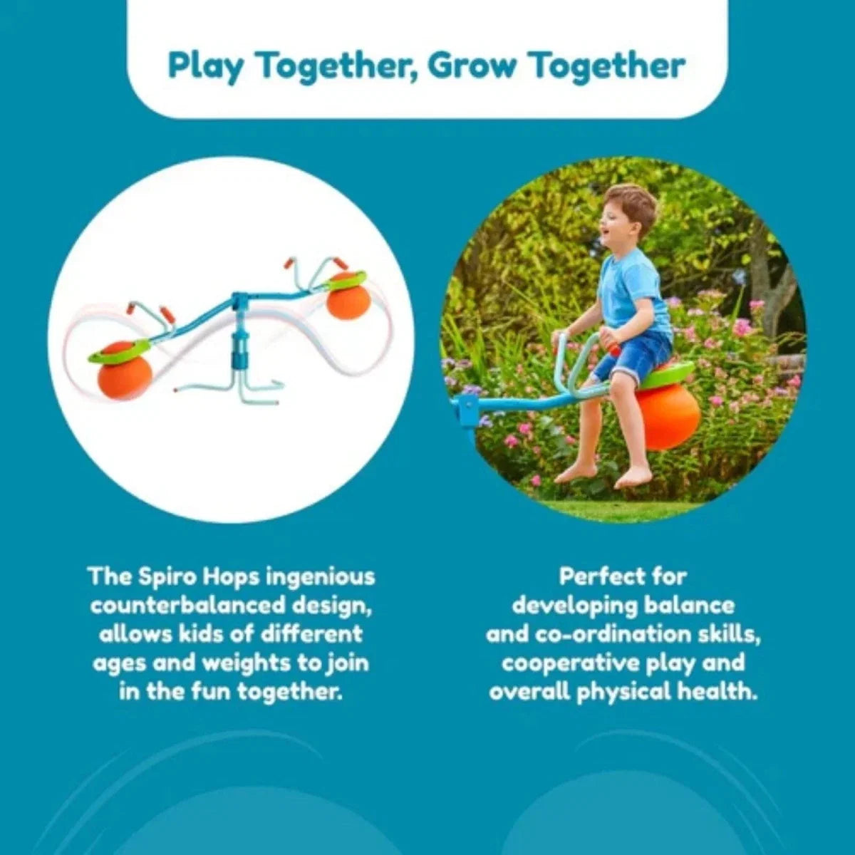 Two-player blue hop seesaw with orange ball seats and green handle platforms