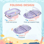 Foldable purple baby bathtub showing pressed, raised support legs, and compact fold
