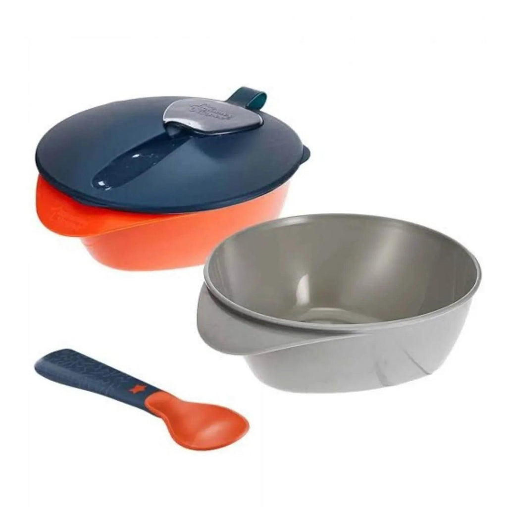 Orange-and-dark blue feeding bowl with lid; includes separate metal bowl and spoon