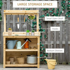 Wood potting bench with hooks, top open shelf, and bottom storage shelves.