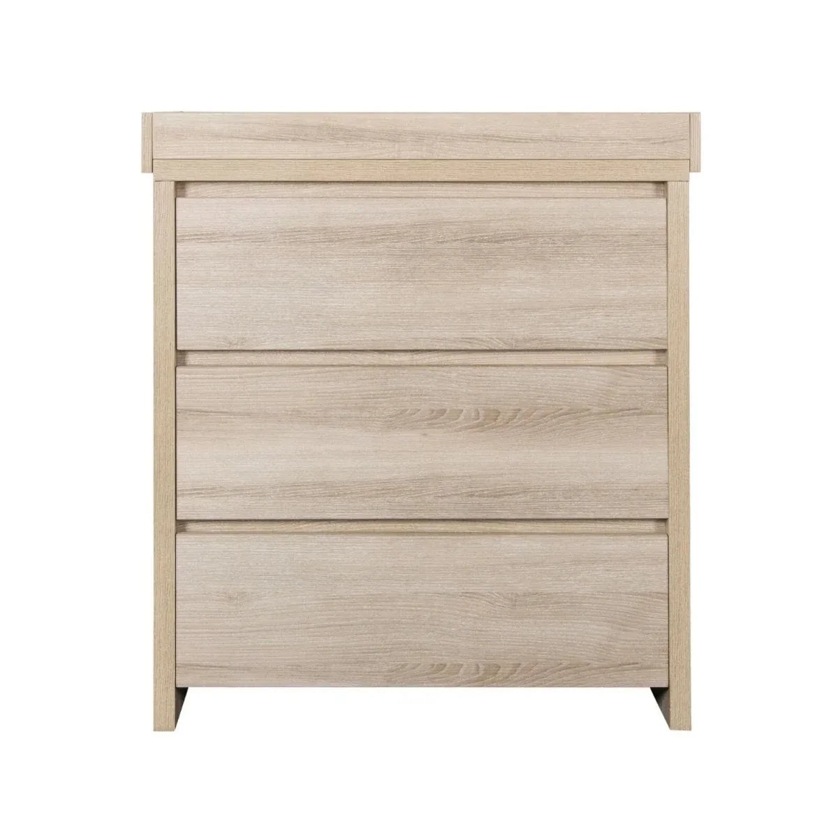 Oak changing unit front view with three horizontal drawers and raised back panel.