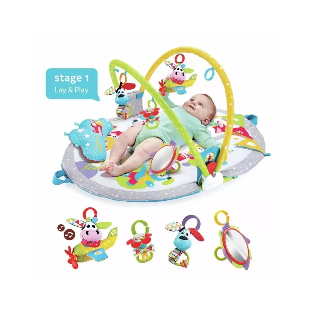 Baby lay-and-play mat with colorful arch toys and five illustrated activity pieces