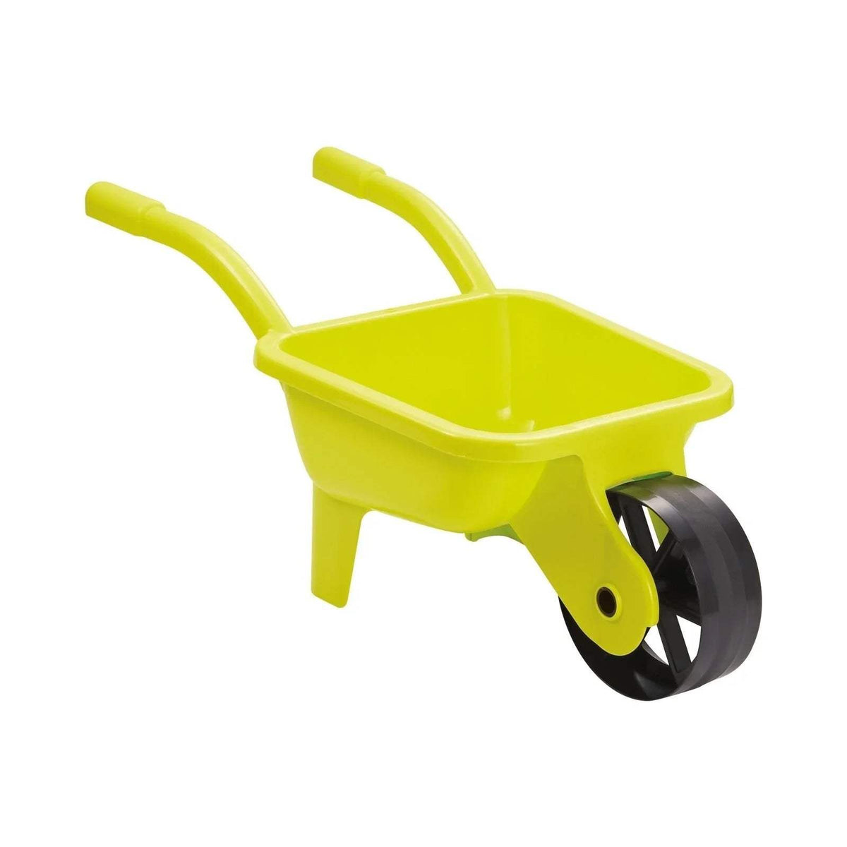 Yellow plastic wheelbarrow with shallow tub, curved handles, two black wheels