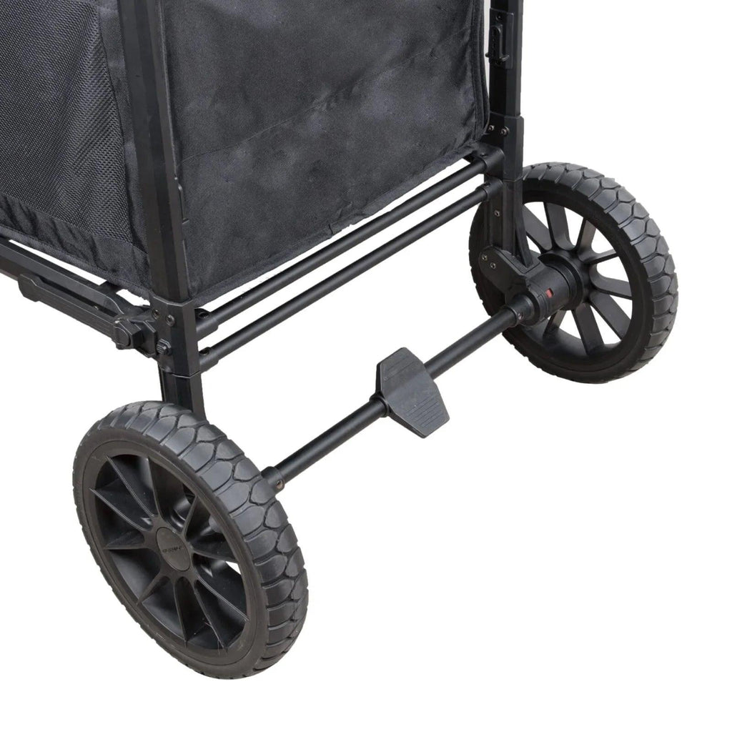 Jet black stroller wagon front wheel and frame with adjustable handlebar connection
