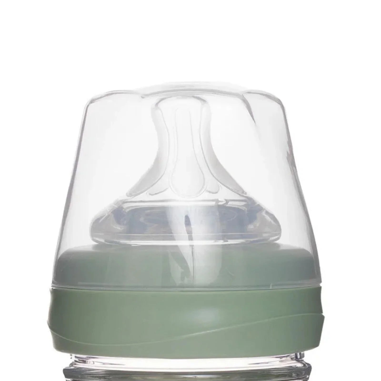 Sage green Tritan baby bottle close-up with slow flow teat and cap ring