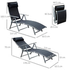 Adjustable folding chaise lounge with headrest, black mesh sling and gray metal frame