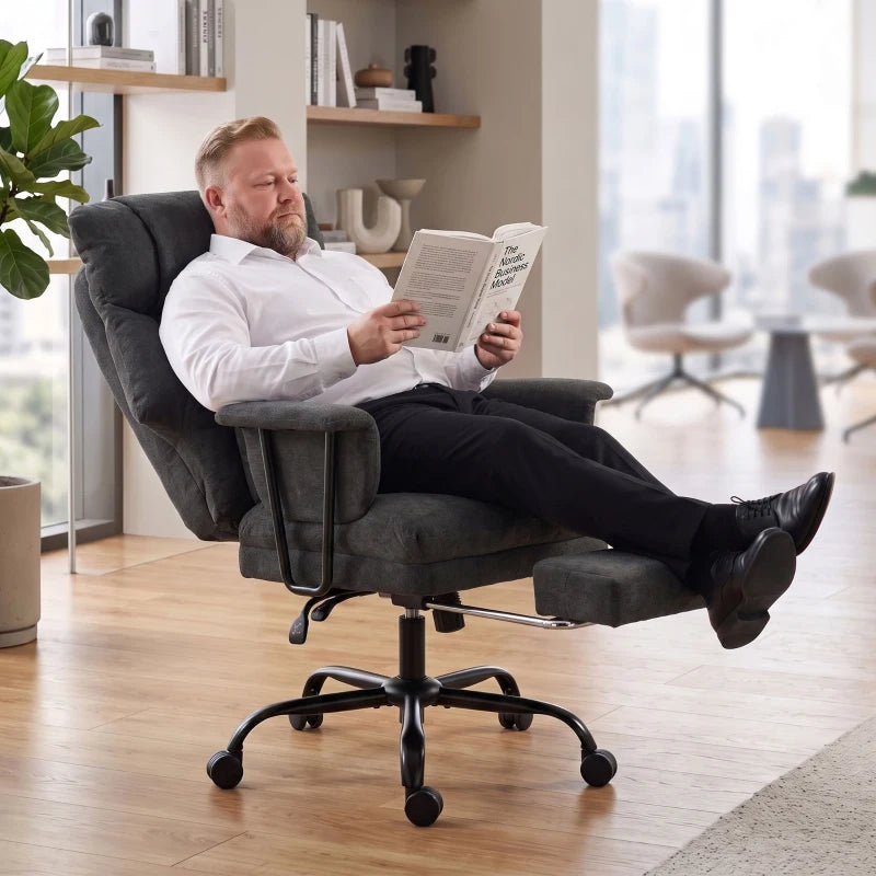 Black reclining office chair with high back, wide seat, and swivel base with casters