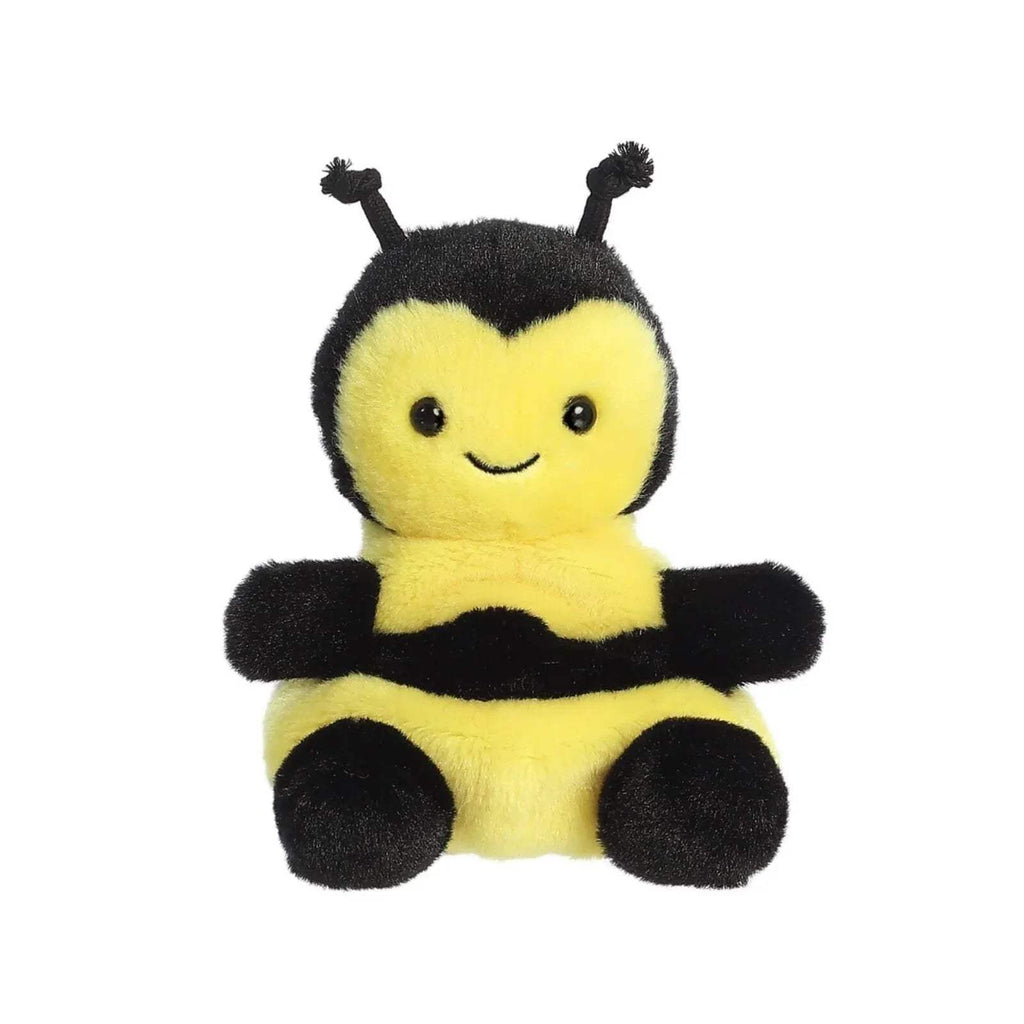 Palm Pals Queeny Bee soft toy, black and yellow plush with smiley face and antennae.