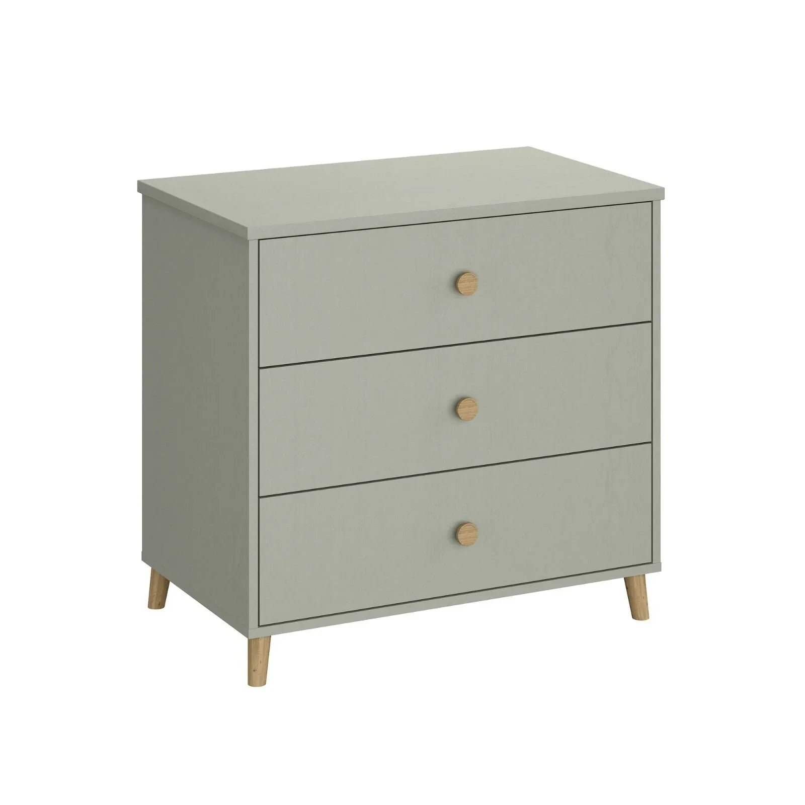 Grey changing dresser for kids with three drawers and brass knobs, angled front view