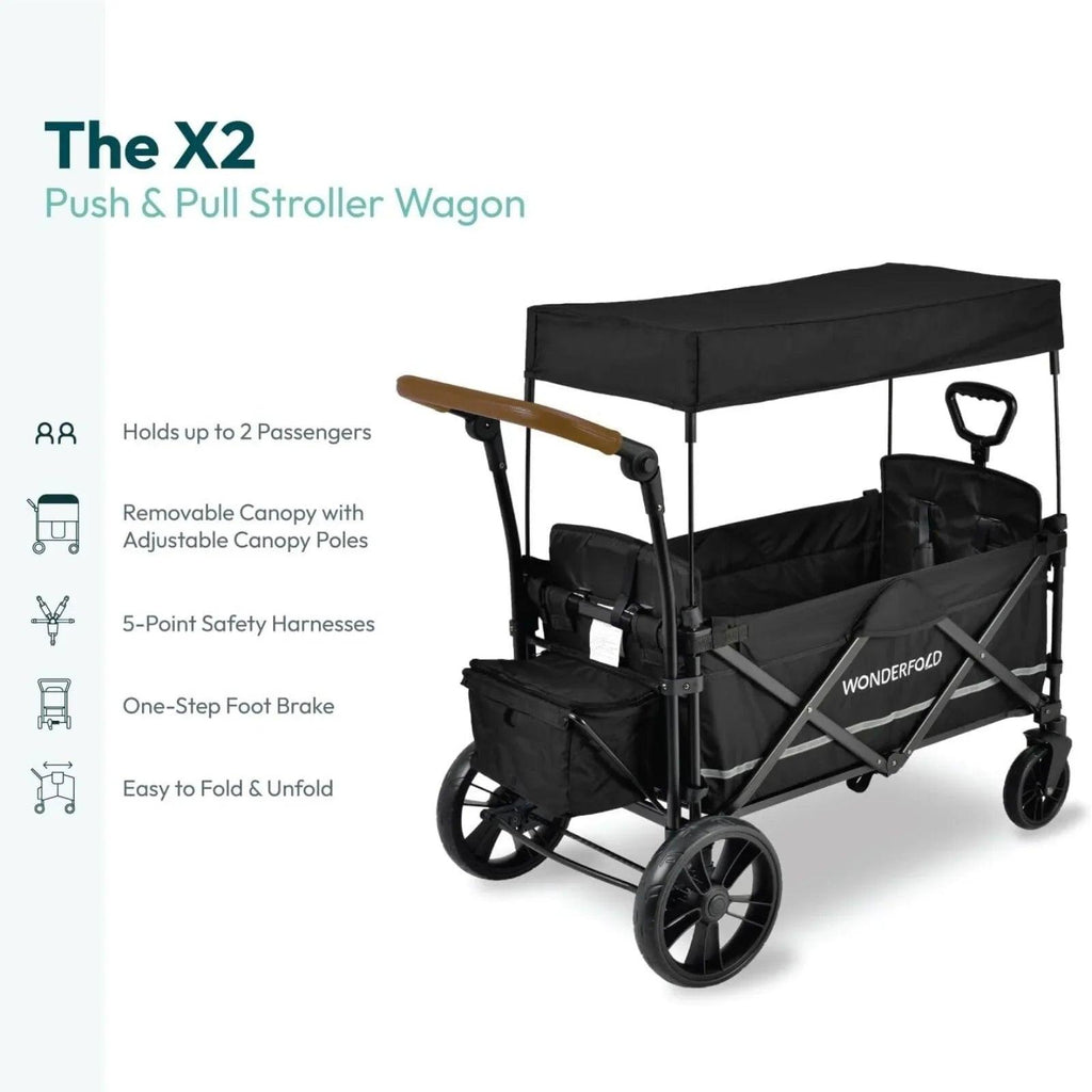 Black push-and-pull stroller wagon with canopy and padded seats