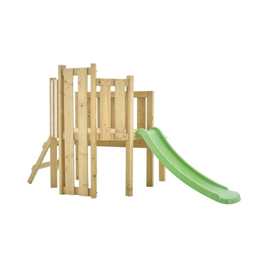 Wooden climbing frame with green slide, side view showing slide path