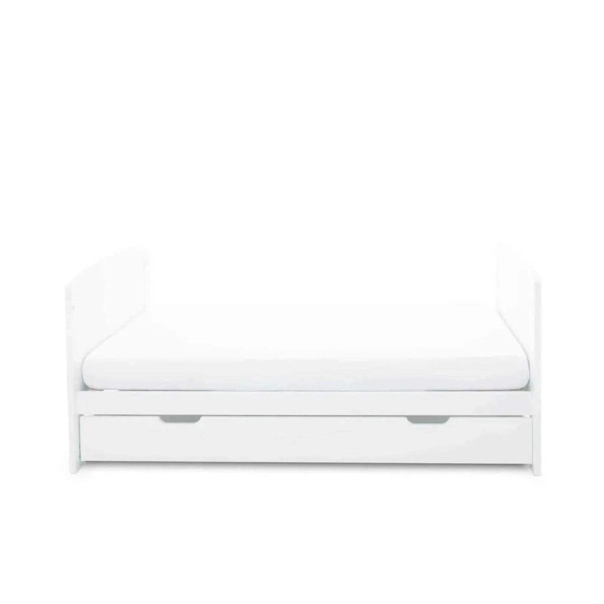 White cot bed with fibre mattress and front rail