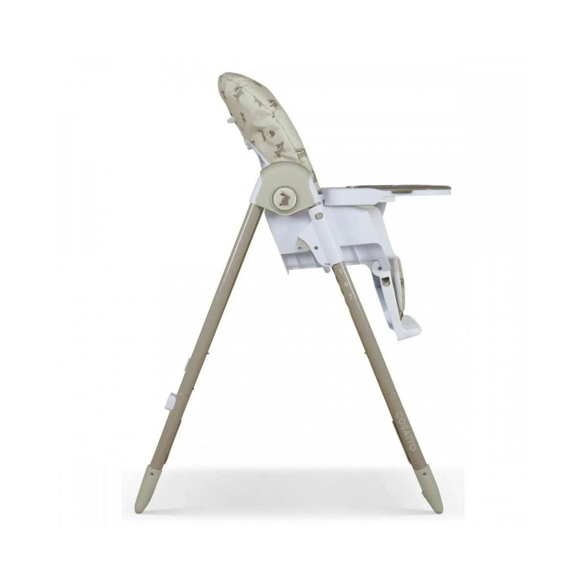 Baby highchair reclined side view with cream animal print headrest and white tray.