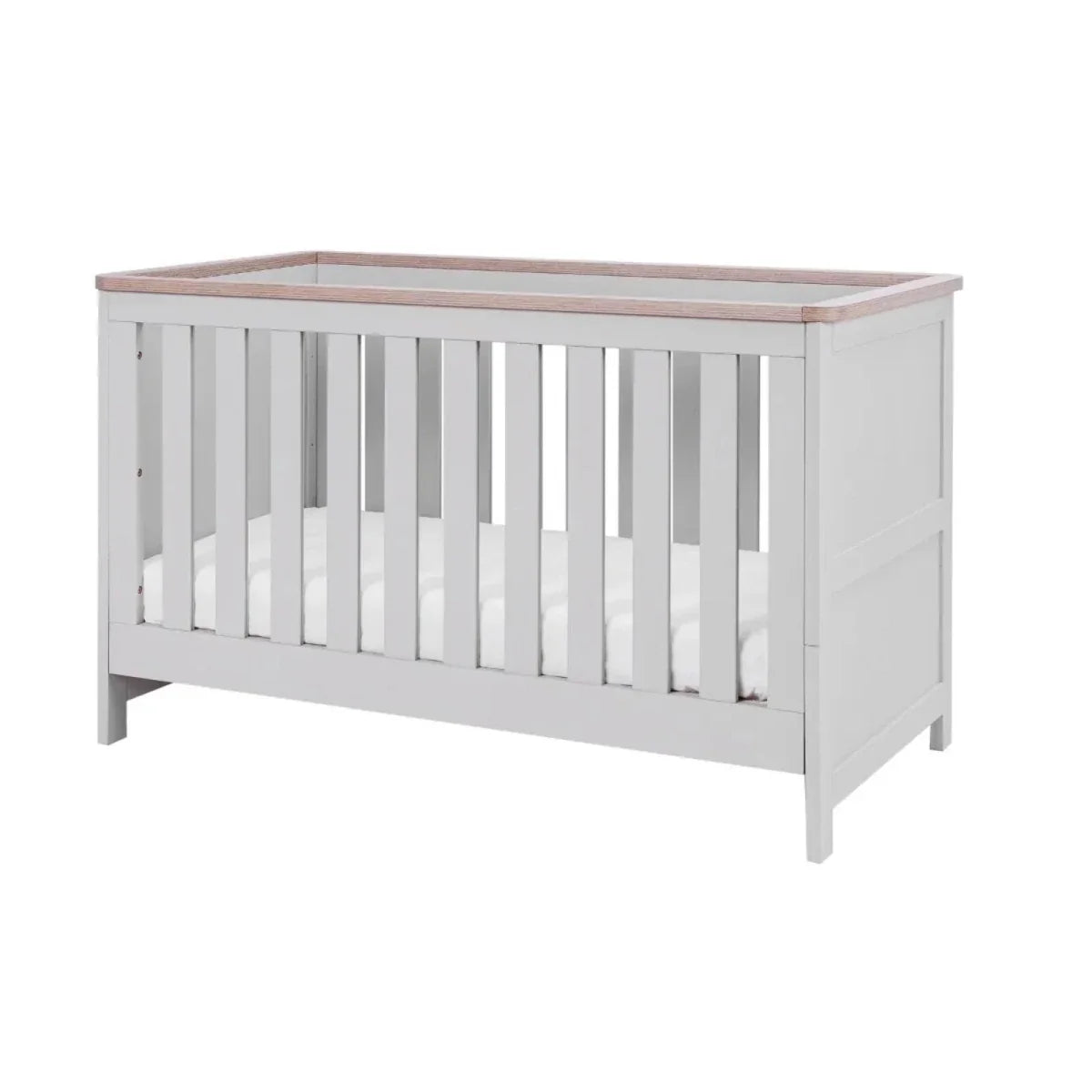White and dove grey cot bed with vertical slats and oak-toned top rail, side view