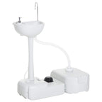 Portable camping hand wash basin with white sink, faucet, and attached water tanks
