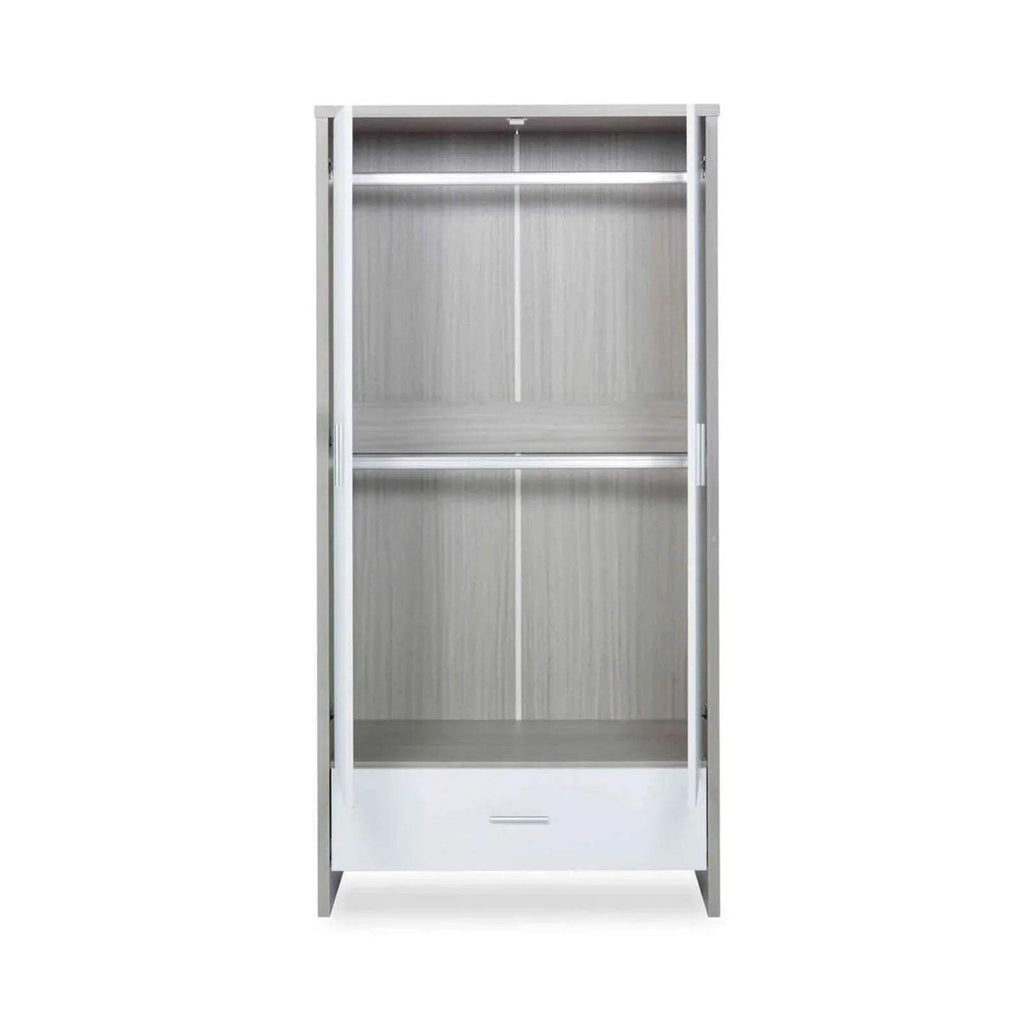 Open ash grey and white wardrobe cabinet with two shelves and base drawer