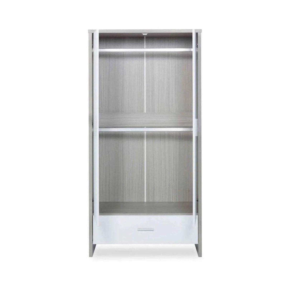 Open ash grey and white wardrobe cabinet with two shelves and base drawer