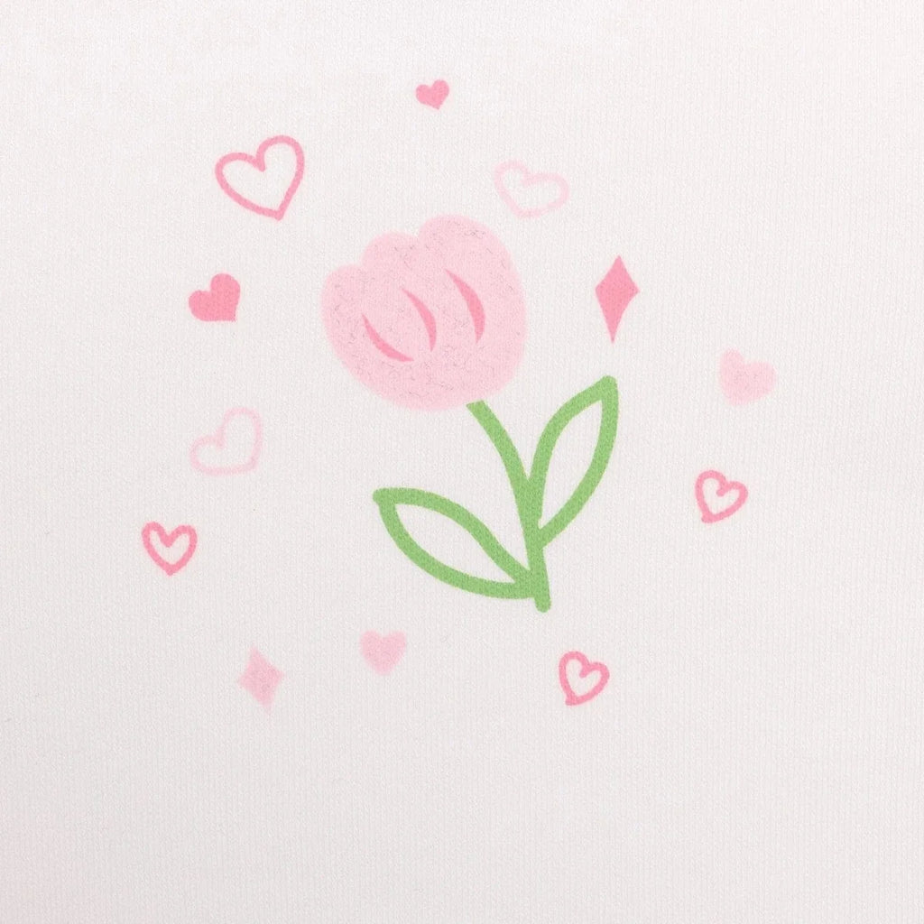 White knit fabric with pink hearts and tulip flower graphic