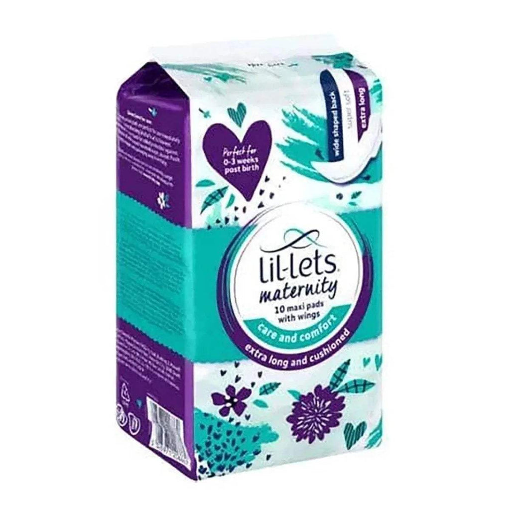 Lil-Lets maternity extra long maxi pad box, 10 count, side view