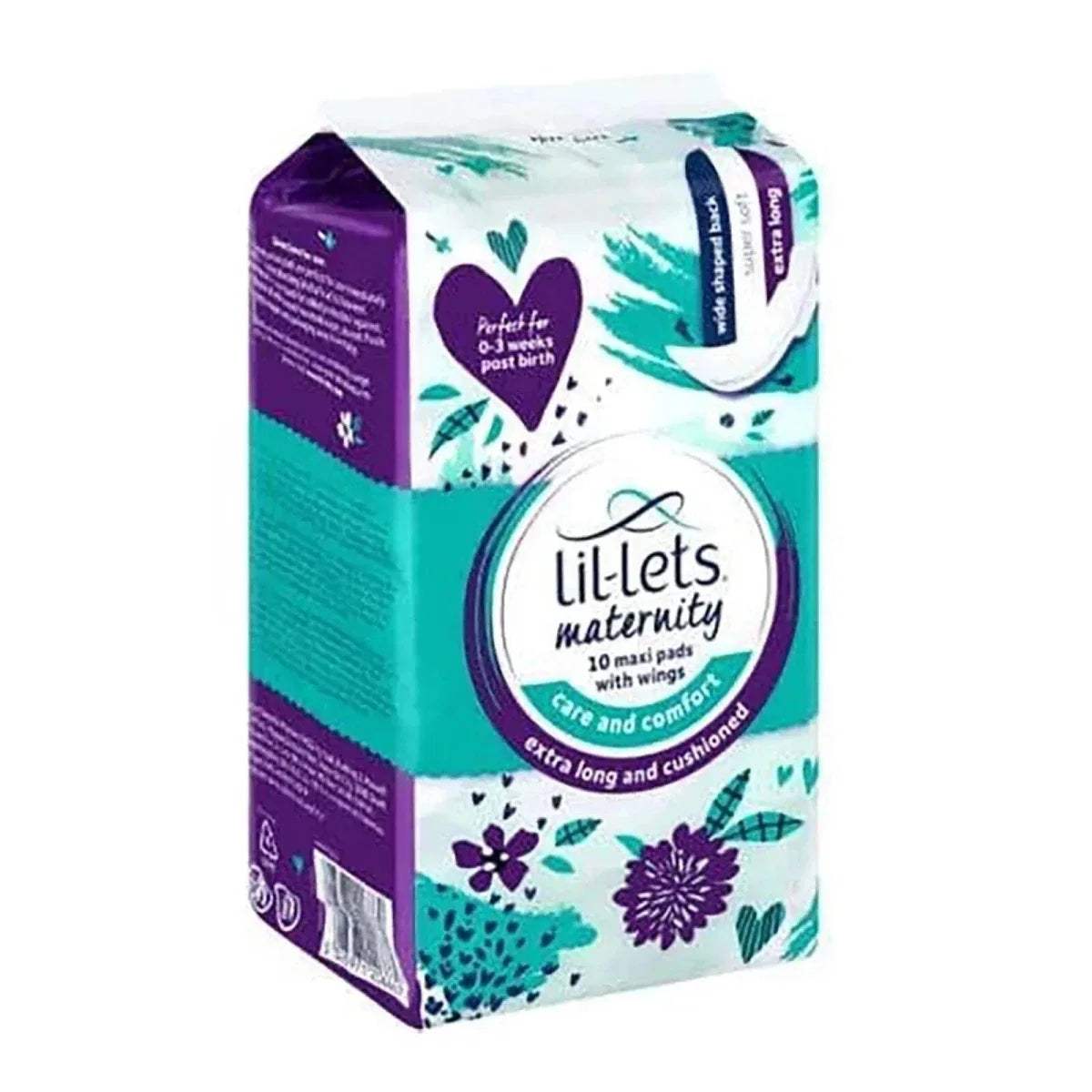 Lil-Lets maternity extra long maxi pad box, 10 count, side view