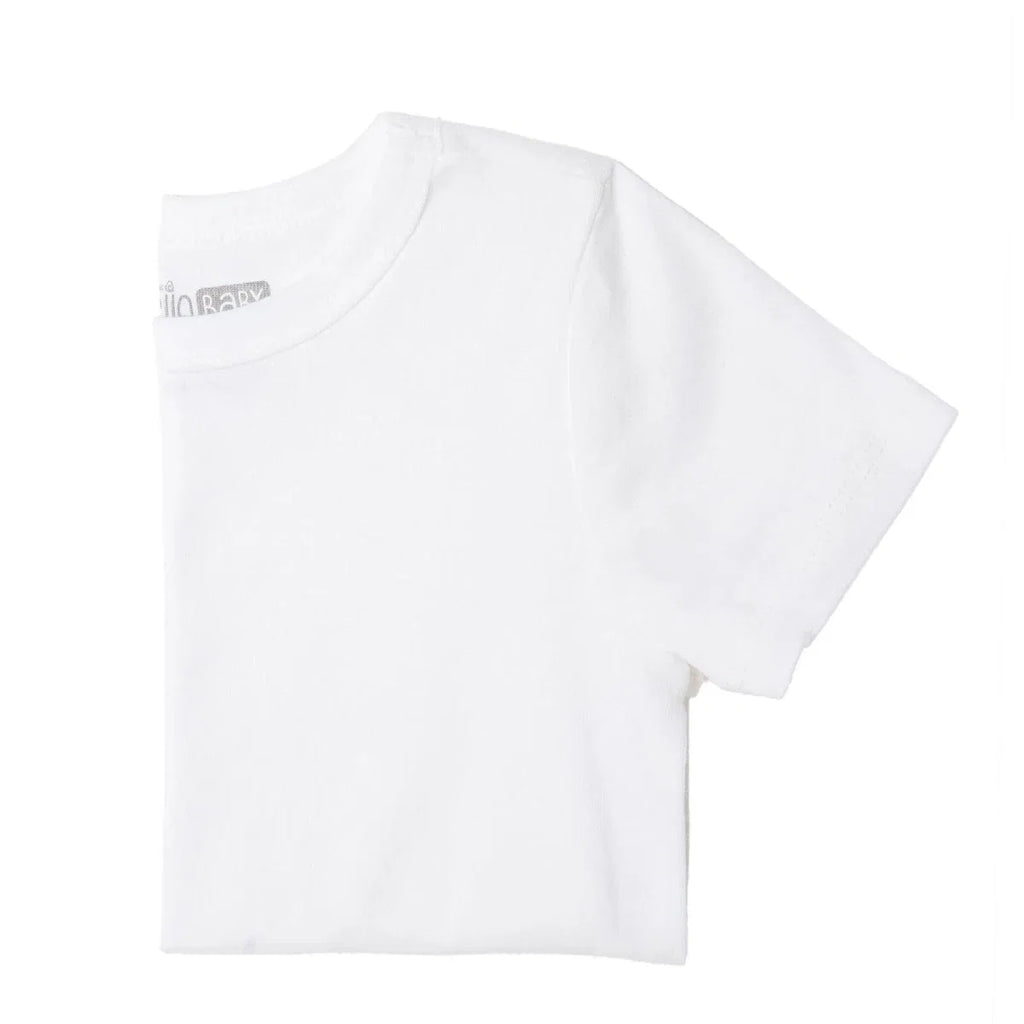 White crew-neck short-sleeve unisex undershirt, angled side view