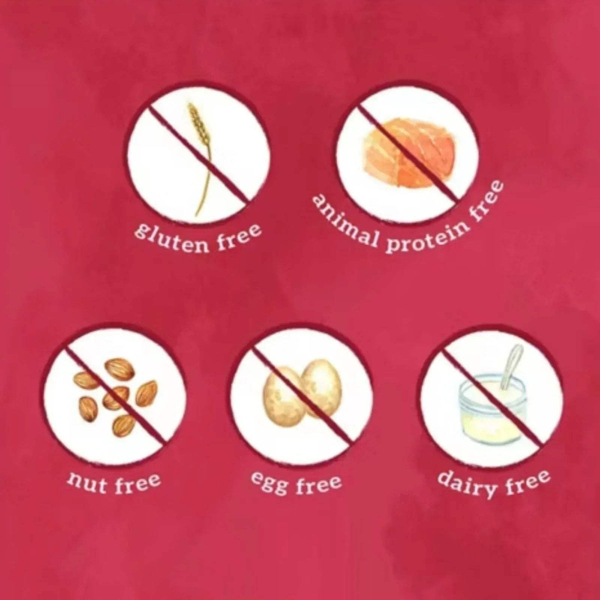 Allergen icon panel on organic baby food pouch: gluten-free, egg-free, nut-free, dairy-free
