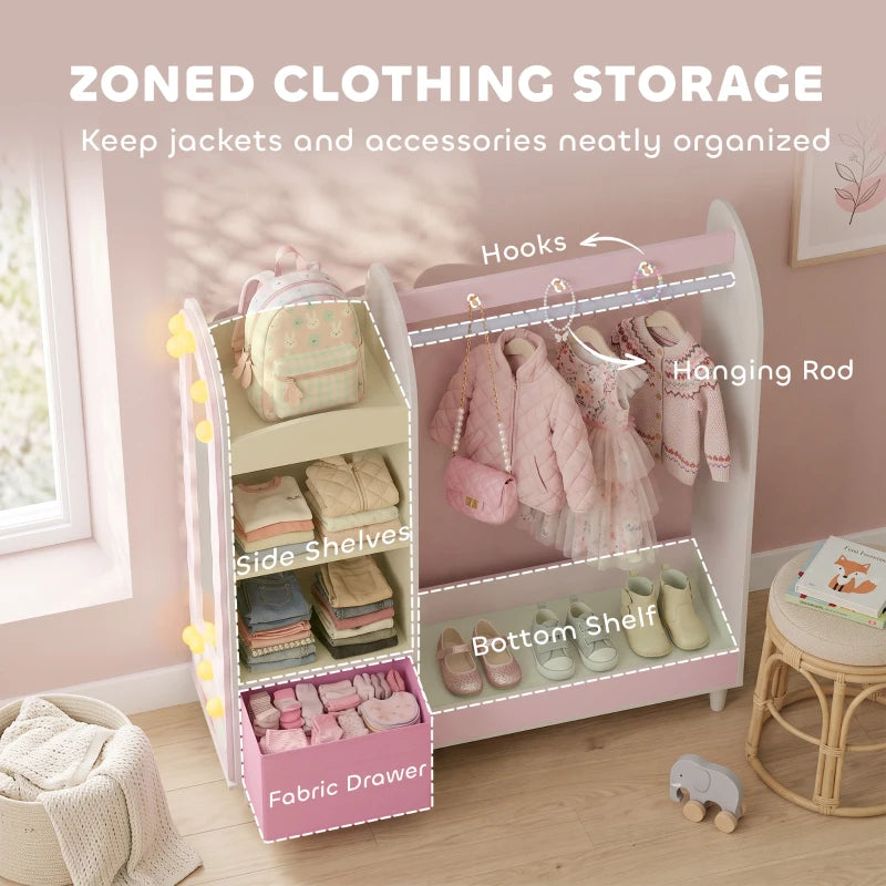 Pink kids wardrobe organizer with side shelves, hanging rod, bottom fabric drawer, and glowing lights.