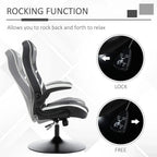 Black and white ergonomic gaming chair with rocking motion and round pedestal base
