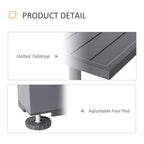 Dark grey slatted tabletop and adjustable foot pad detail on outdoor dining table frame