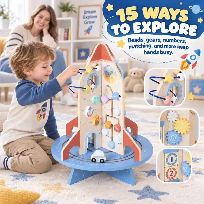 Rocket wooden activity cube with bead tracks, gears, and shape-sorting pieces, child reaching