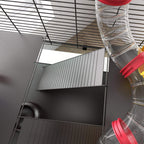 Wire cage interior with red-and-clear connecting tubes and dark tunnel openings