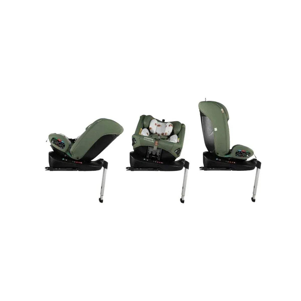 Olive-green car seat set with legs, showing side, front, and rear angles
