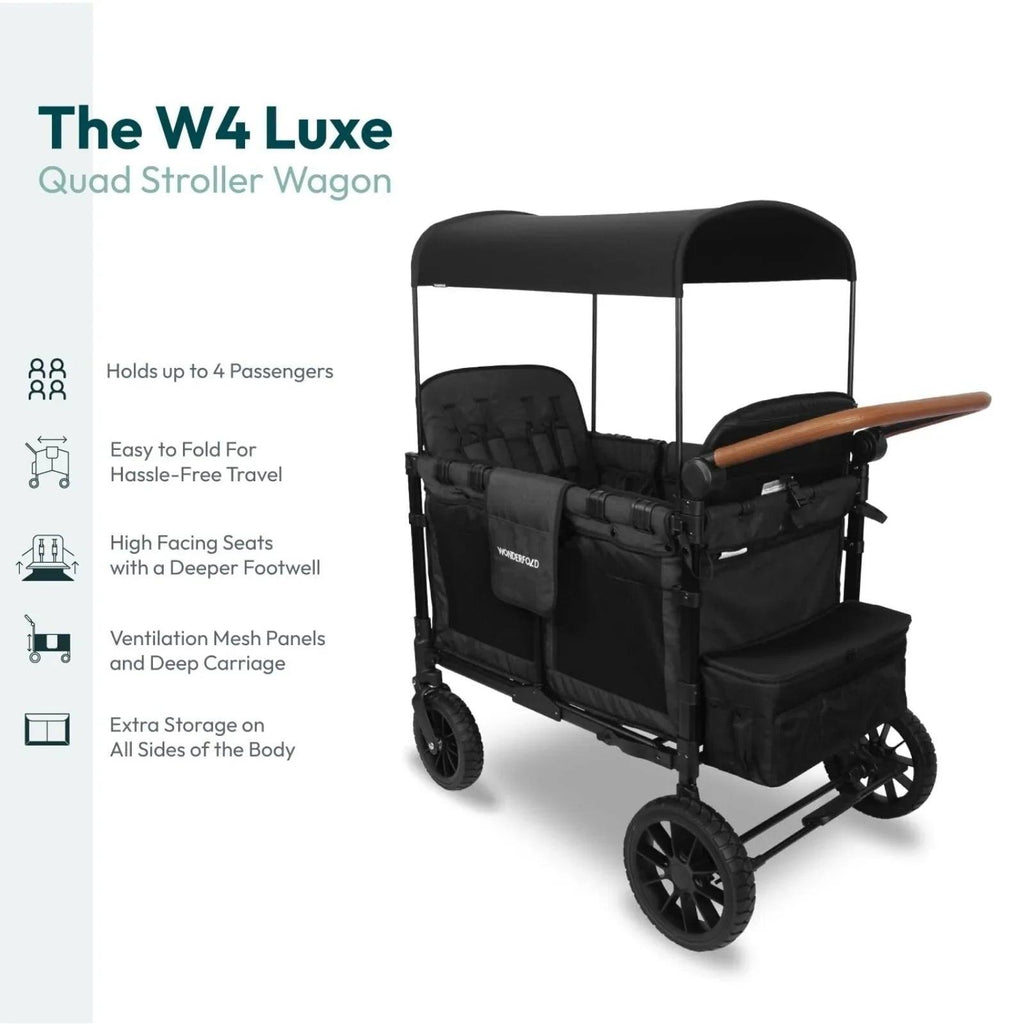 Black stroller wagon with canopy and padded seat, side mesh panels, and brown handle