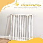 White foldable metal pet safety gate with vertical bars and bottom latch hardware