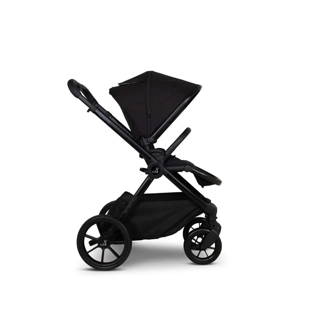 Black stroller with seat base, canopy, and front swivel wheels