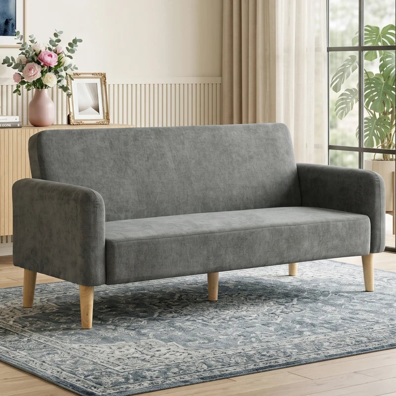 Grey upholstered 2-seater sofa with high back, wide seat, and light wood legs