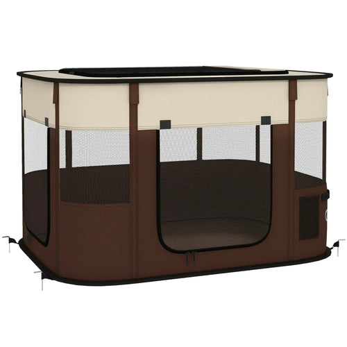 Brown foldable dog playpen with mesh sides and zippered door windows