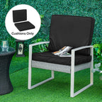 Black seat pad and back cushion on rattan-style outdoor chair, two-piece cushion set