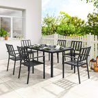 Black metal outdoor dining set with rectangular table and six slatted chairs